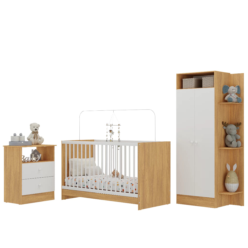 Jogo de Quarto Infantil Trevalla Pom Pom 3 Peças – Berço 3 em 1, Guarda-Roupa e Cômoda em MDP, Certificado Inmetro, 3 Anos de Garantia