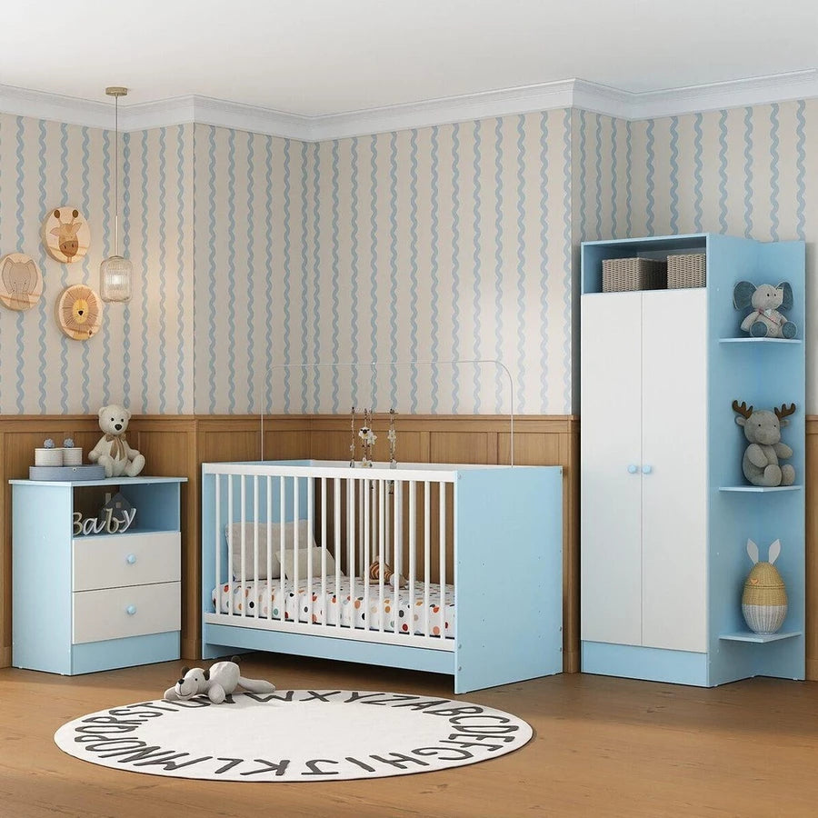 Jogo de Quarto Infantil Trevalla Pom Pom 3 Peças – Berço 3 em 1, Guarda-Roupa e Cômoda em MDP, Certificado Inmetro, 3 Anos de Garantia