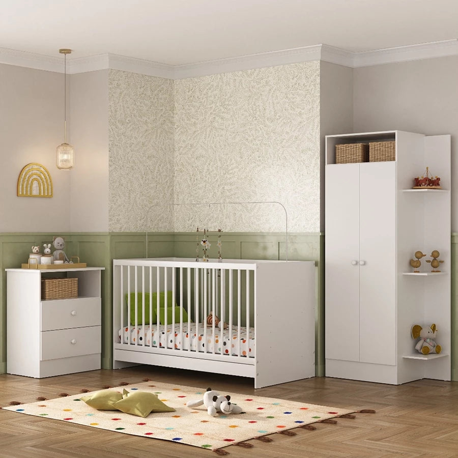 Jogo de Quarto Infantil Trevalla Pom Pom 3 Peças – Berço 3 em 1, Guarda-Roupa e Cômoda em MDP, Certificado Inmetro, 3 Anos de Garantia