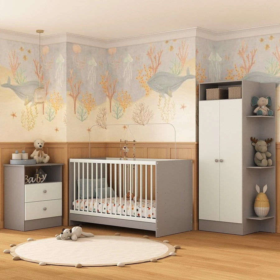 Jogo de Quarto Infantil Trevalla Pom Pom 3 Peças – Berço 3 em 1, Guarda-Roupa e Cômoda em MDP, Certificado Inmetro, 3 Anos de Garantia