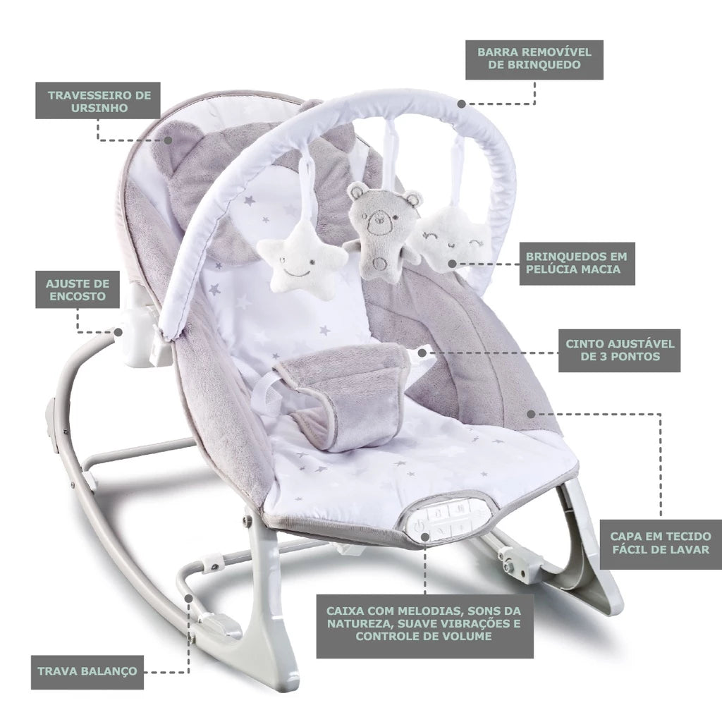 Cadeira de Descanso Musical para Bebê Maxi Baby – Vibração, Sons da Natureza, Balanço e Modo Vertical, até 18kg