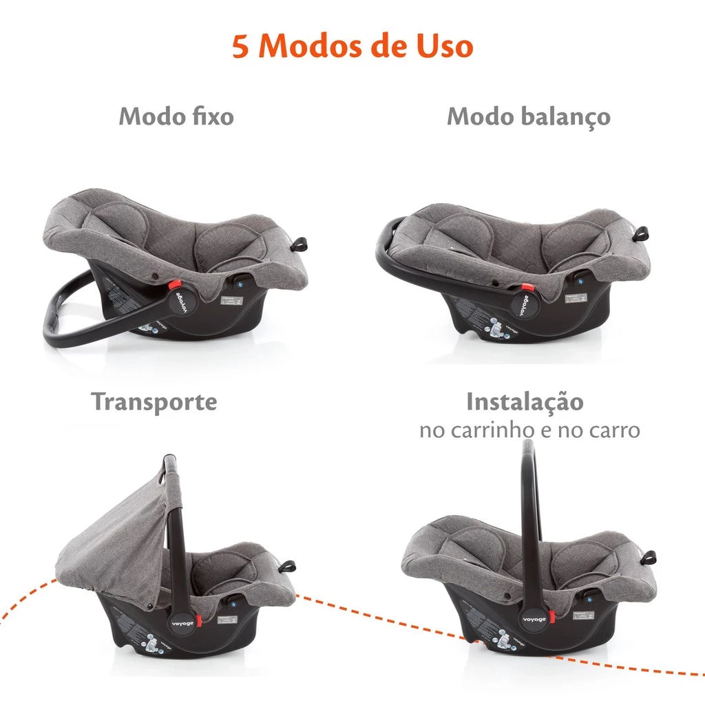 Bebê Conforto Voyage Beta Cinza Mescla – 5 Modos de Uso, Almofada Redutora, Capota e Cinto 3 Pontos, do Nascimento até 13kg