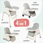 Cadeira de Alimentação Portátil KaBaby Gourmet 4 em 1 com Rodas – Bandeja Ajustável, Encosto Reclinável, Mesa de Atividades, 6 Meses até 25kg
