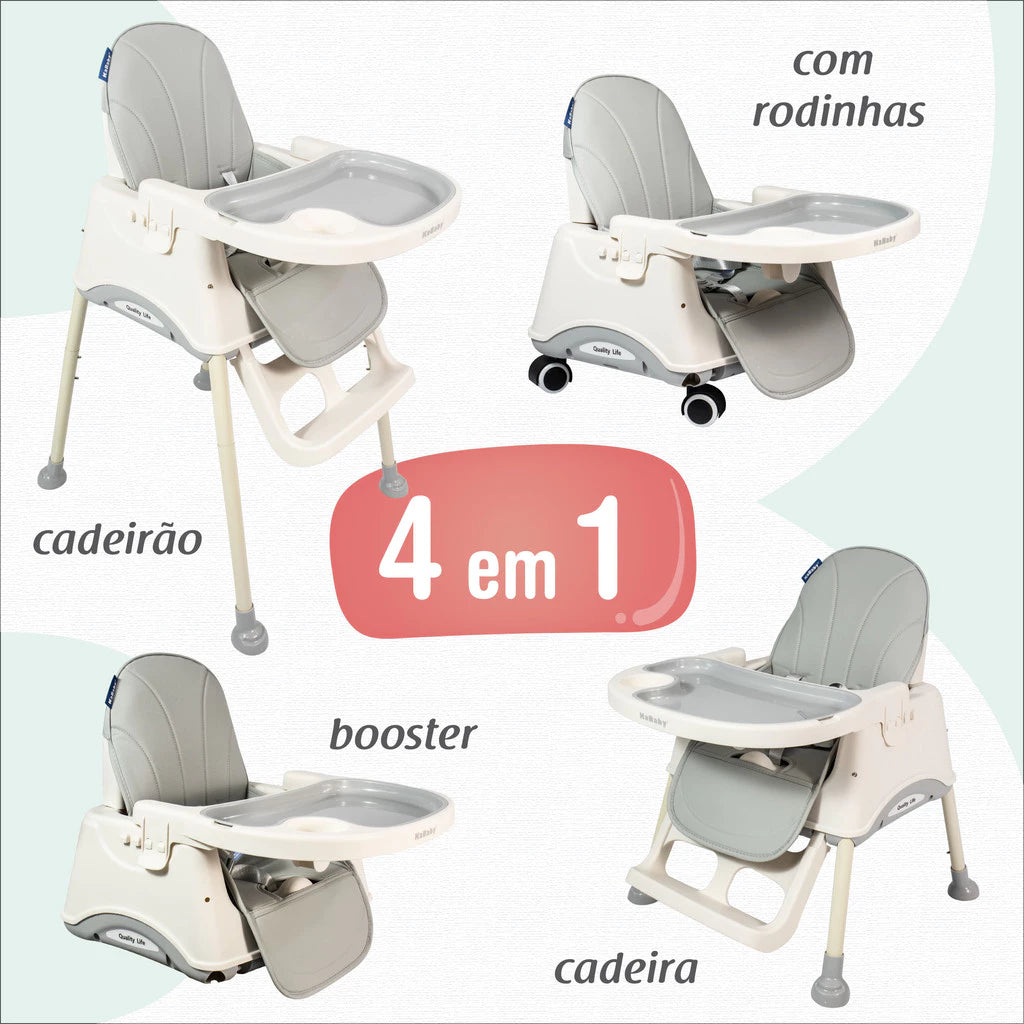 Cadeira de Alimentação Portátil KaBaby Gourmet 4 em 1 com Rodas – Bandeja Ajustável, Encosto Reclinável, Mesa de Atividades, 6 Meses até 25kg