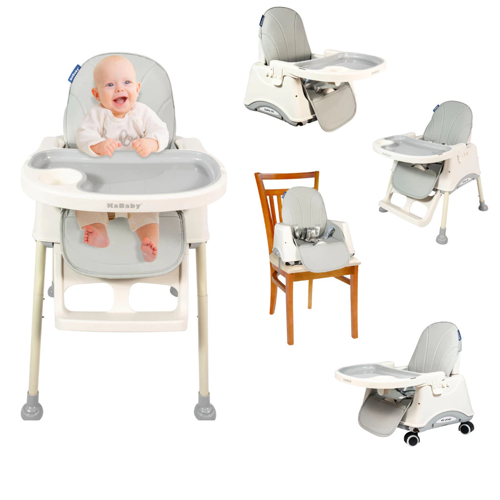 Cadeira de Alimentação Portátil KaBaby Gourmet 4 em 1 com Rodas – Bandeja Ajustável, Encosto Reclinável, Mesa de Atividades, 6 Meses até 25kg