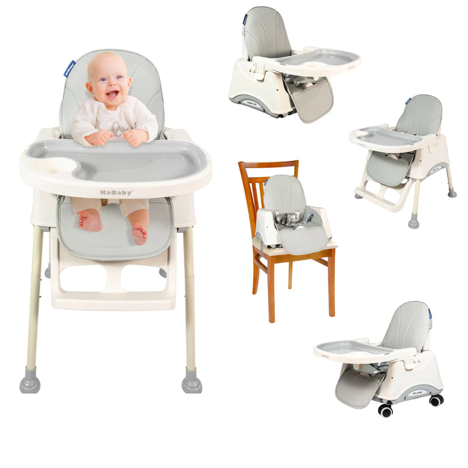 Cadeira de Alimentação Portátil KaBaby Gourmet 4 em 1 com Rodas – Bandeja Ajustável, Encosto Reclinável, Mesa de Atividades, 6 Meses até 25kg